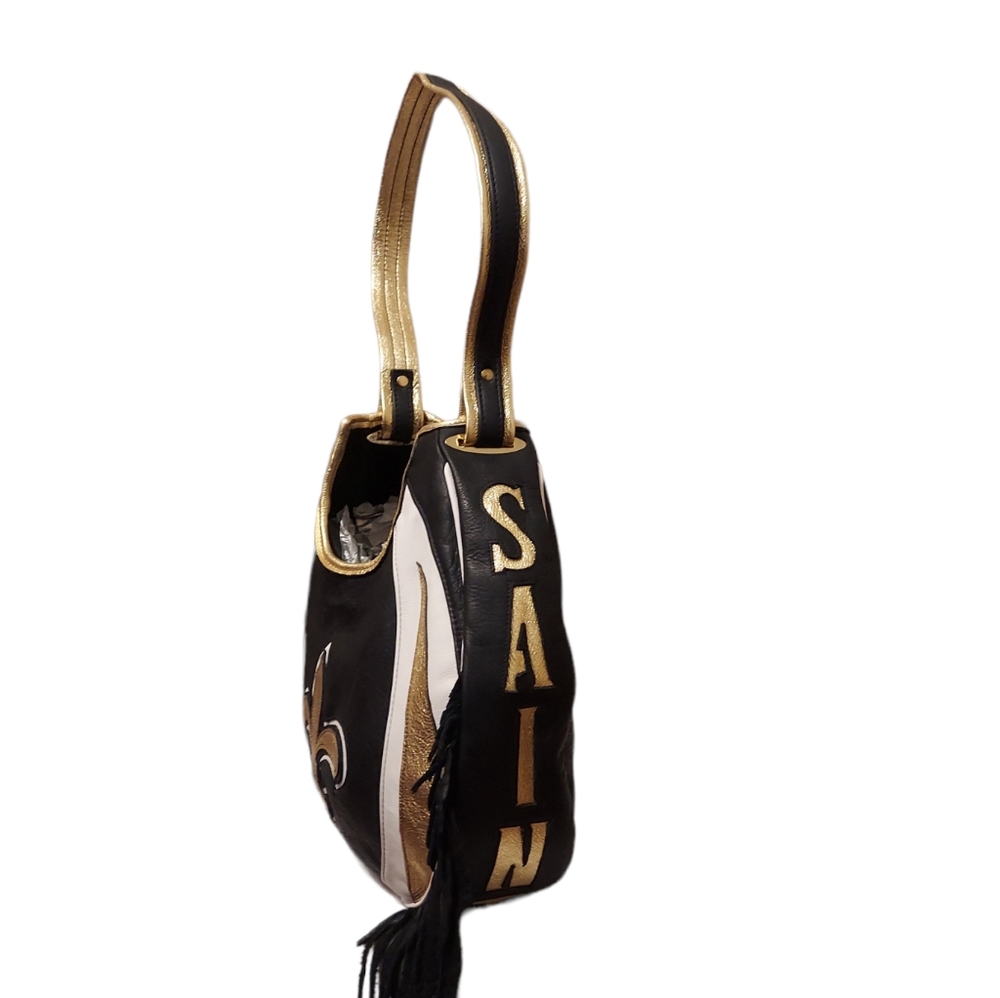 Saints Football Leather Fringe Zip Up Closure Black & Gold! Shoulder Bag! - Picture 3 of 6